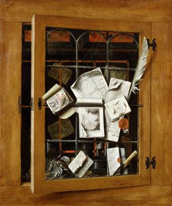 ガラス張りの戸棚の開いたドアのトロンプルーイル、1666年 作： Cornelis Norbertus Gysbrechts